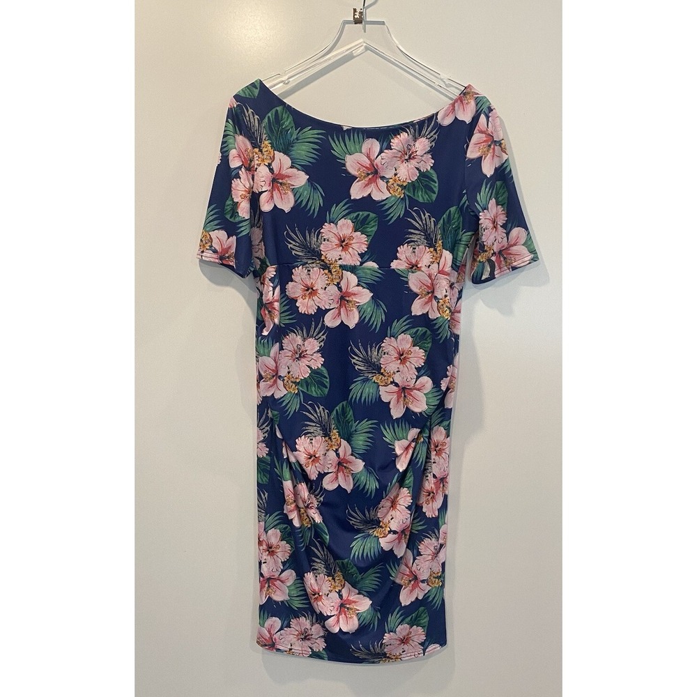 ASOS Maternity Dress Womens 10 Blue Floral Tropical Hibiscus Ruched Bodycon NWT